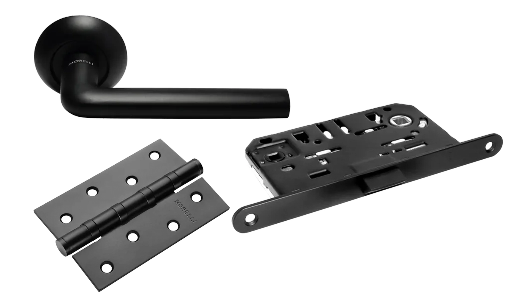Комплект дверных ручек MH-03 BL + защёлка бесшумная 1895P BL + петли врезные универсальные MSN 100X70X2.5-4BB BL (2шт)