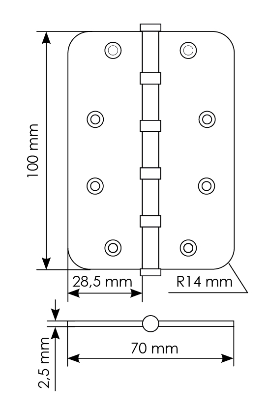 Петля стальная MSN-C 100X70X2.5-4BB SG скругленная универсальная с подшипником, вес полотна до 40 кг, цвет матовое золото фото купить в Новосибирске